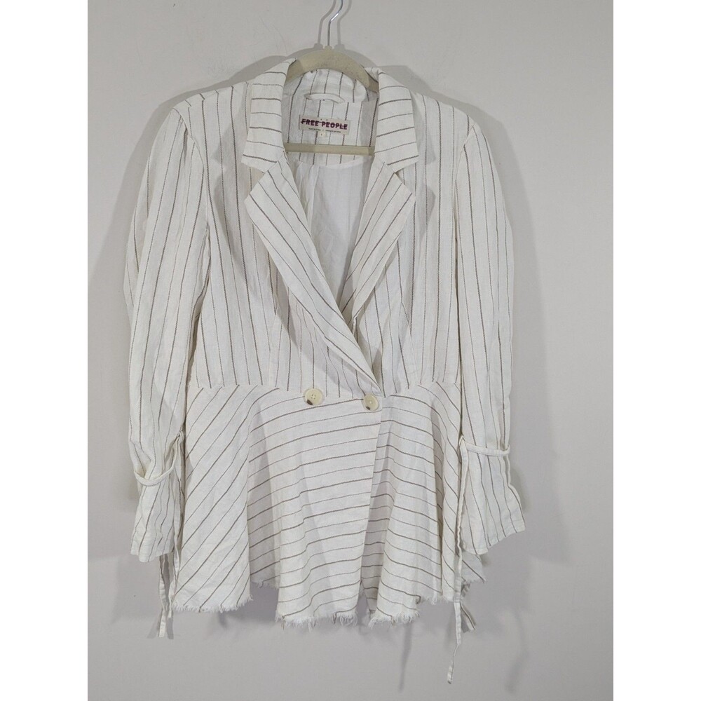 Free People Stella Double Breasted Fray Hem Stripe Linen Blazer in Off White S - Picture 2 of 9